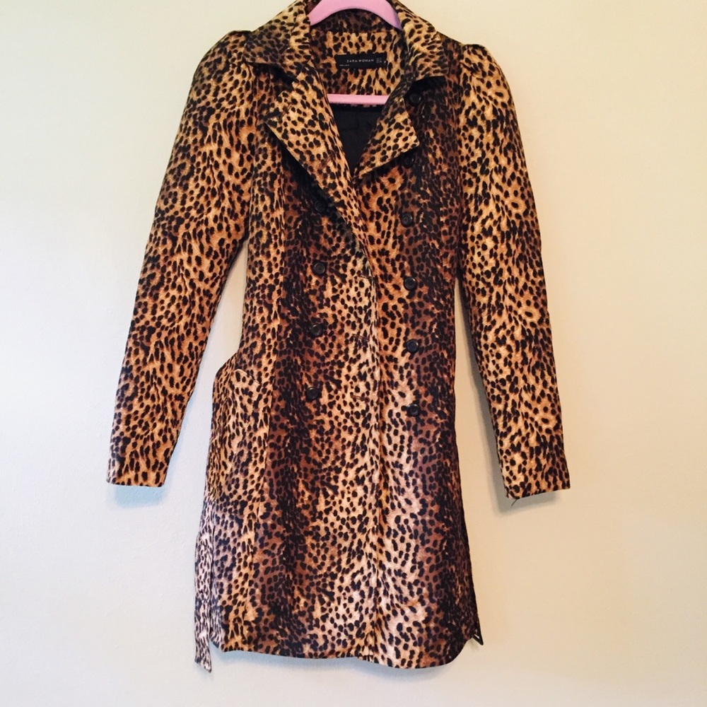 Zara Leopard Print Trench Coat rain/water repel fabric - Brown+Black